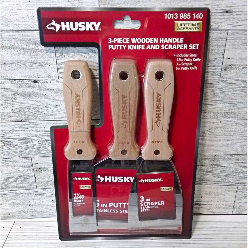 Husky 3-Piece Putty Knife & Scraper Set Wood Handle Stainless Steel 1.5/3/6"